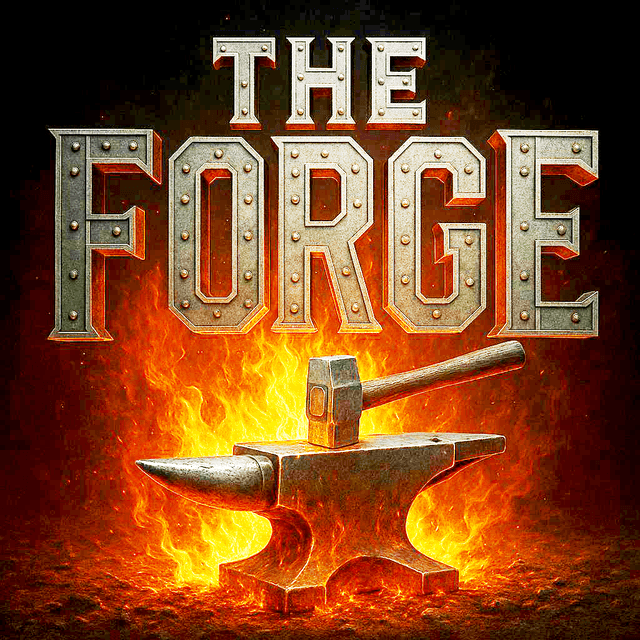 The Forge — riveted steel letters above an anvil in flames